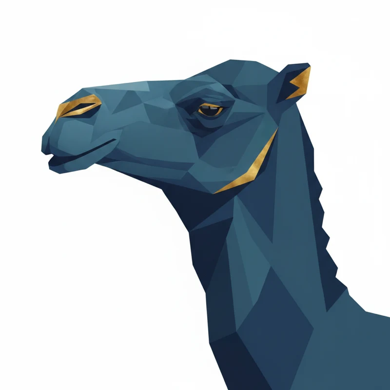 Blue Camel: a faceted blue camel head in navy and gold, after the original painting